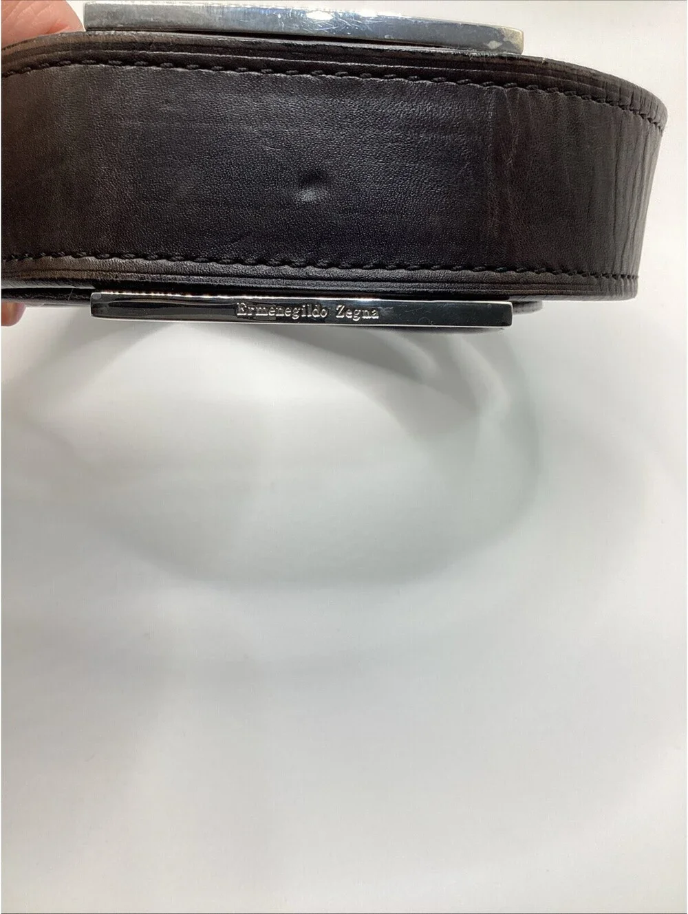 Ermenegildo Zegna Mens Black Leather Belt Silver Plaque Buckle Size 34/90 Italy